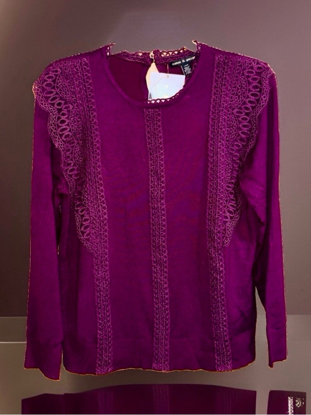 NWT Cable & Gauge Plum Crochet/Lace-Trim Long Sleeve Knit Sweater-L